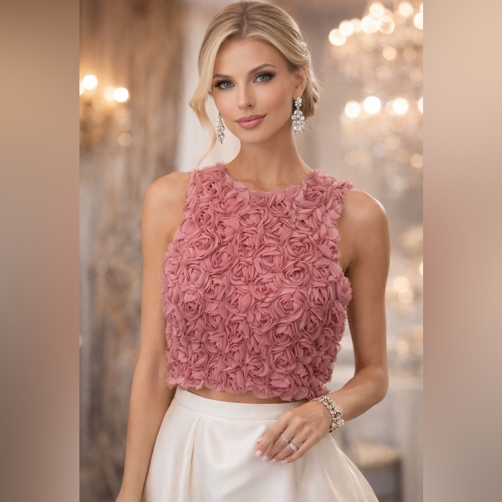 Rosette Crop Top | Luxe Floral Textured Statement Top | Blush Pink Elegant Chic